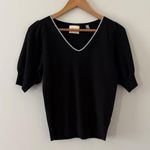 Elie Tahari  Rhinestone Edged V Neck Sweater Pleated Puff Short Sleeve Black S Photo 0