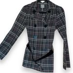 Love Tease  Plaid grey purple trench coat w/black belt size medium button pockets Photo 11