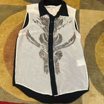 Sandro  Paris Button Down Blouse Sleeveless Top 100% Silk Sequin Black White Photo 0