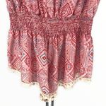 Paloma Blue Silk Pink Geometric Print Crochet Trim Romper Playsuit size Large Photo 3