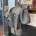 H&M Jacquard-Weave Silver Shimmer Tie-front Balloon Sleeve Blouse - Sz Sm ππ Photo 3