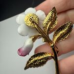Pink & White Porcelain Rose Bud Flower Stem Brooch Pin Gold Tone Signed CR Photo 13