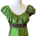 Y2K Crinkle Satin Blouse Babydoll Top Green Floral Lace Trim Womens Size XL Photo 4