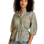 Front Row Center Peasant Sleeve Blouse Green Size M Floral Vintage Boho Cottage Size M Photo 0