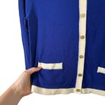 Samantha Sung Blue Cream Cardigan Crop Sweater 100% Wool Preppy Womens Medium Photo 1