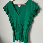 J by J. Crew Emerald Green V Neck Flutter Sleeve Tie Waist Top Size 8 Photo 2