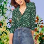 Green button up blouse with cute tiny flower design! Size L Photo 1