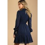 Lulus  Heartful Romance Navy Striped Smocked Long Sleeve Mini Dress Ruffle Size L Photo 1