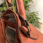 Brown leather shoulder hand bag satchel purse boxy briefcase style gold tone accents, multiple pockets #western #boho #indie Approx 12” wide x 7” tall x 3.5” deep Photo 5
