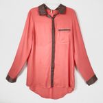 Free People Salmon Pink & Tan Long Sleeve Button Up Blouse Shirt Size S Photo 0
