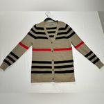 Elegant Beige and Black Striped Cardigan with Red Accents Tan Size M Photo 1