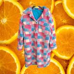 Cozy Sherpa Checkered Shacket Pink Blue White Womens Long Jacket Size XL Photo 4