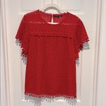 After Market Evereve Red Short Sleeve Top Pom Pom Trim Crochet Overlay Medium Photo 1