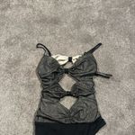 Lulus  Number One Fan Black/Gold Mesh Knotted Bodysuit SIZE M Photo 1