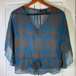 Angie Teal Orange Geometric Print Kimono Sleeve Tie Waist Blouse Top M Photo 0