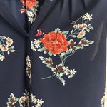 Fun 2 Fun Navy Blue Multicolor Small Floral Short Cap Sleeve Split V-Neck Blouse Photo 7