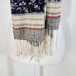 Navy, Red, and Cream Boho Floral Scarf with Fringe Blue Photo 2