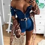 Parisian Off the Shoulder Zip Front Belted Denim Romper NWT Size 10 Photo 0