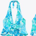 ZARA Floral PRINT SATIN EFFECT Halter Cropped Top w/Ties @ Neck & Front Blue New Photo 0