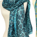 Vintage Pure Silk Crepe Batik Print Scarves Set of 2 Teal Blue Animals Paisley Photo 0