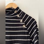 Loft  Waffle Knit Mock Neck Top Black and White Stripe Cute Button Detail Photo 1