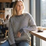 Elizabeth and James Black Striped Chunky Knit Crewneck Sweater Small Photo 0