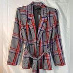 7th Avenue Blazer Jacket Gray Purple Red‎ Plaid Notch Lapel Belted Size 4 Red Photo 0