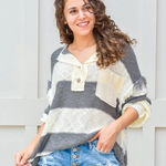 Bad Little Country Girl Stripped Henley Slouchy Knit Pullover Sweater Size Large White Photo 0