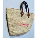 POOLSIDE Woven Straw Open Tote Pink “VACAY” Text Leather Handle Tote Purse Photo 4