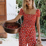 Faithfull the Brand  Red Floral Puff Sleeve Jumpsuit Size 4 Photo 0