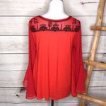 BKE  Red and Black Bell Sleeve Boho Blouse Medium Photo 3