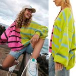 Free People NEW  Uptown Stripe Pullover Sweatshirt Pink Green Combo MD Oversized Photo 1
