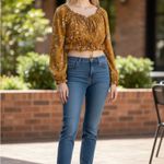 Romwe Floral Mustard Yellow Cropped Peasant Top Long Sleeve Cottagecore M Photo 1