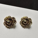 Vintage Signed Goldette Rhinestone Flower Clip On Non Pierced Earrings Gold Tone Photo 1
