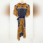 ZARA  Blogger Favorite Blue Mustard Sheer Printed Midi Dress With Belt Size Small Photo 3
