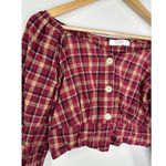 Eggka Peasant Milkmaid Crop Top Red Cream Plaid Long Sleeve Button Front Small Photo 3