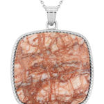 Plain Square Pink Web Jasper Inlay Frame Pendant Silvertone with Stainless Steel Photo 0