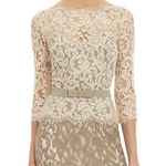 Tadashi Shoji  Lace Boatneck 3/4 Sleeve Gown Cream Beige Long Dress Bow Belt 12 Photo 1