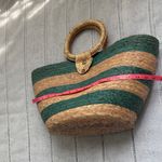 Handmade  Paper Straw Green and Tan Striped Tote Photo 10