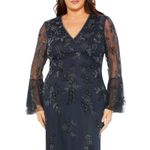 Mac Duggal NWT V-Neck Navy Gown Size 16 Beaded Ruffle Bell Sleeve Formal Photo 3