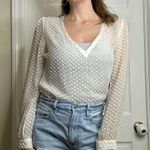 Beyond Vintage Swiss Dot V-Neck Long Sleeve Sheer Silk Top in White - Small Photo 0