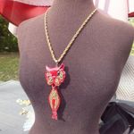 Large Red and Gold Color BOHO Winking Cat Necklace Photo 6