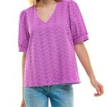 Draper James Purple Eyelet Women's V-Neck Dress Puff Sleeve Blouse Photo 0