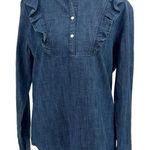 1901  Womens Chambray‎ Ruffled Long Sleeve Blouse Blue Size Small Photo 0