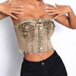 SheIn  Petites Raw Hem Button Front Denim Strapless Tube Top Tan Size Small Photo 0