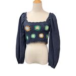 Aerie  Women's Crochet Floral Deets Vacay Puffed Long Sleeve Cropped Top Sz Small Photo 1