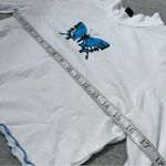 SheIn Blue Butterfly Print White Mock-Neck Long Sleeve Crop Top Photo 9