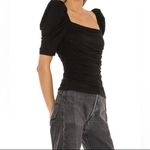 frame denim FRAME Betty Knitted Black Noir Square Neck Ruched Puff Sleeve‎ Top Size L Photo 4