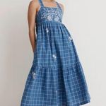 Madewell  Blue Floral Embroidered Cicely Tiered Midi Dress in Plaid 100% Cotton 6 Photo 0