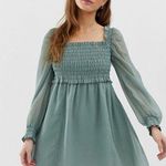 ASOS  Teal Shirred Skater Dress Long Sleeve Babydoll Mini Dress Smocked Size 6 Photo 0